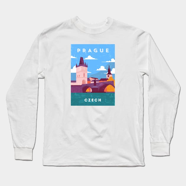 Prague, Czech.Retro travel poster Long Sleeve T-Shirt by GreekTavern